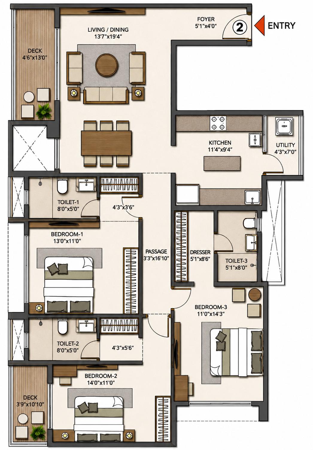 3BHK Signature T1 floor plan