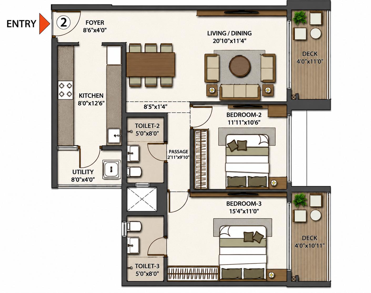 2BHK Royal T6 floor plan