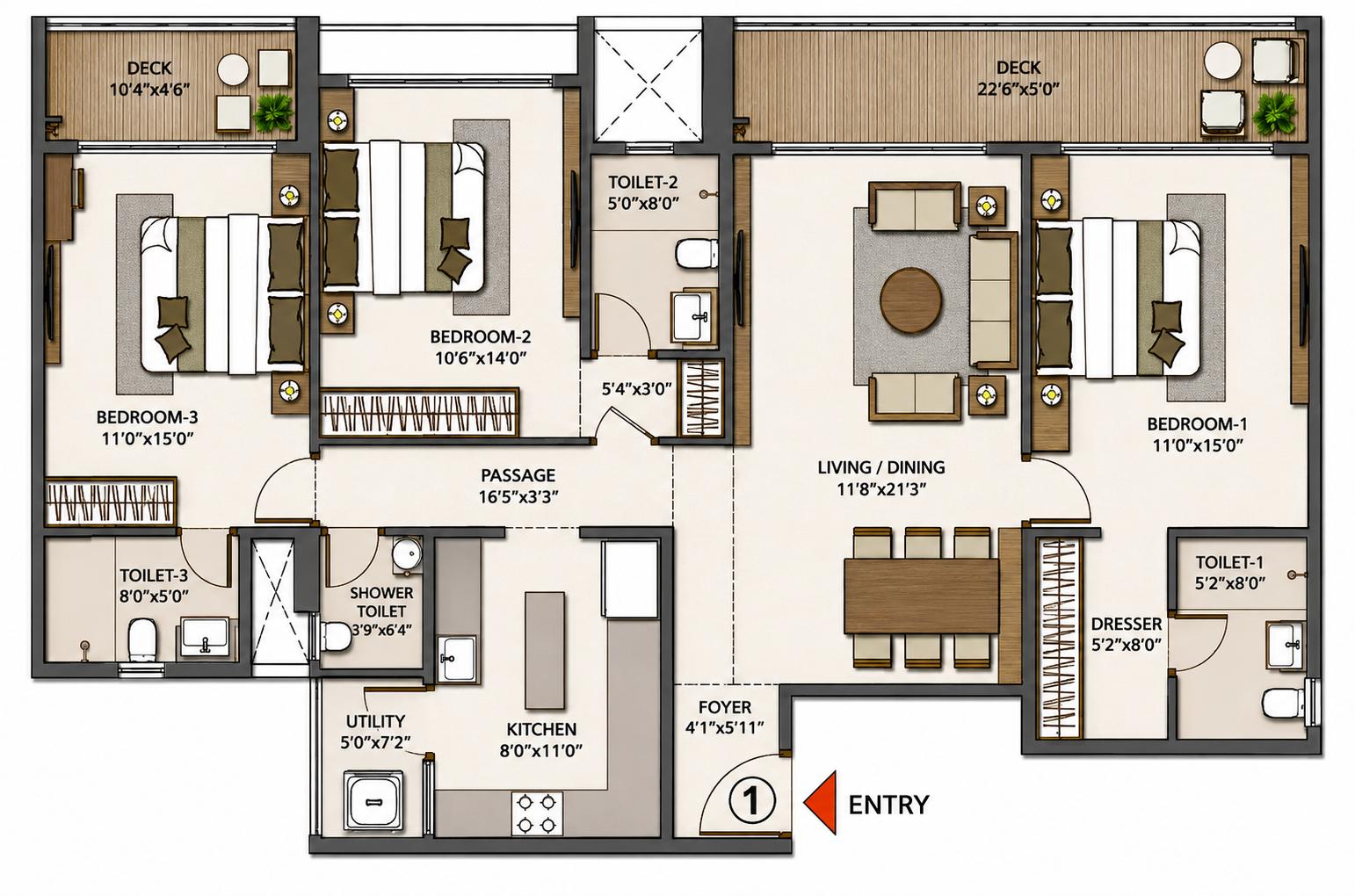 3BHK Signature T3 floor plan