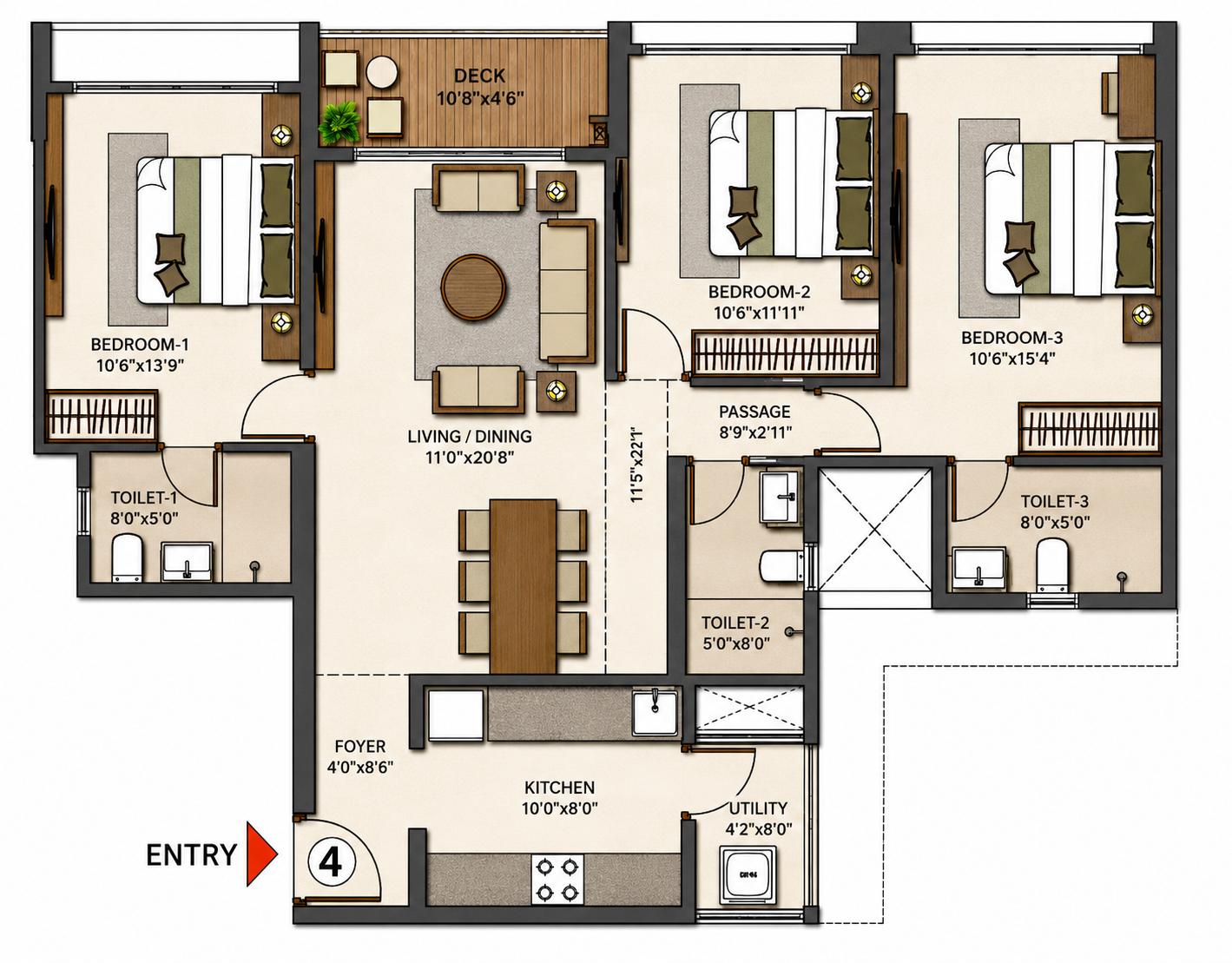 3BHK Royal T4 floor plan