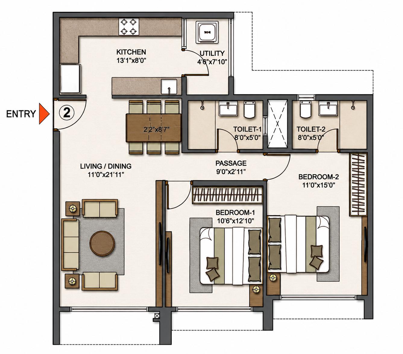 2BHK Royal T5 floor plan