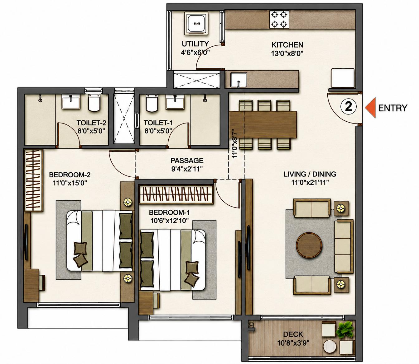 2BHK Royal T3 floor plan