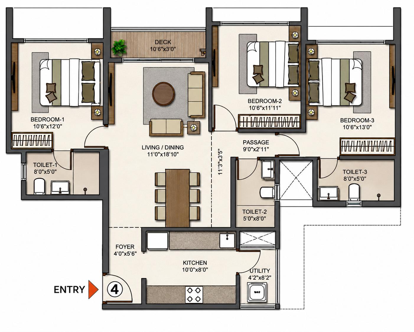 3BHK Royal T4 floor plan