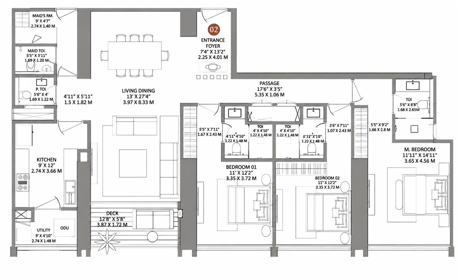 3BHK floor plan