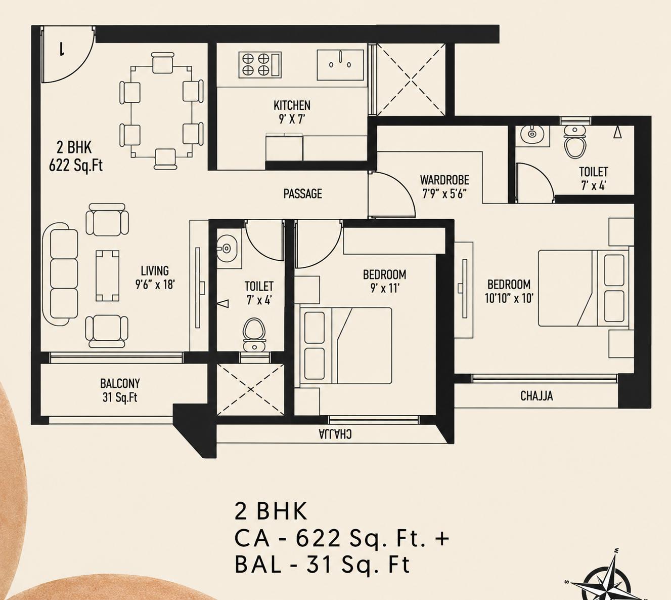 2 BHK floor plan
