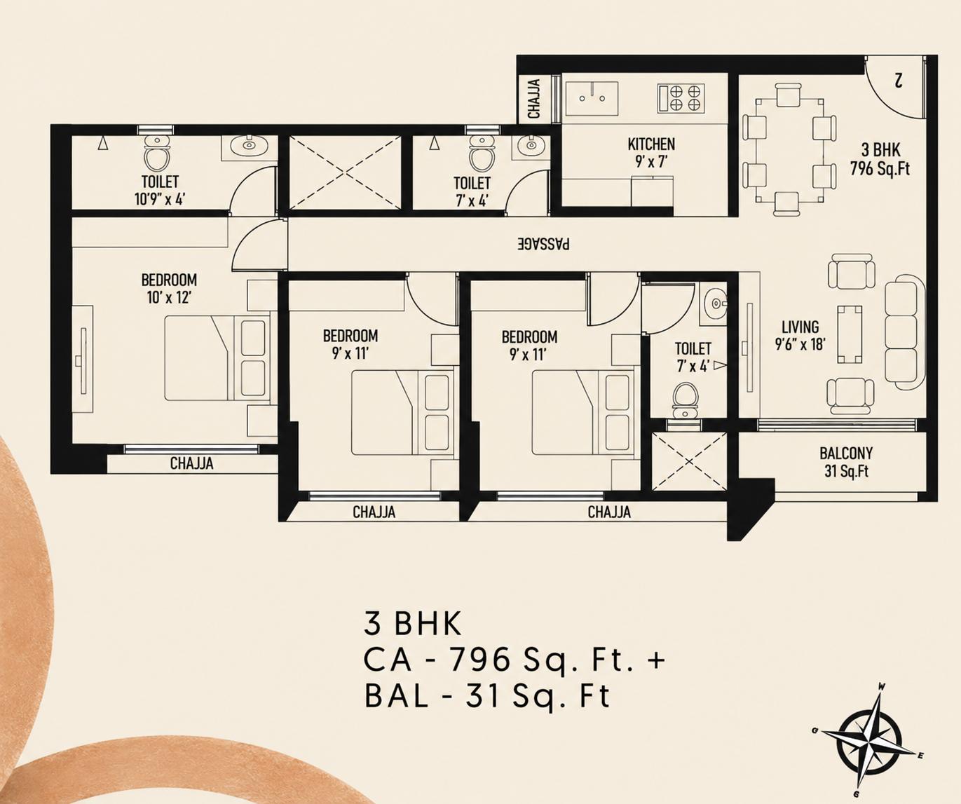 3 BHK floor plan