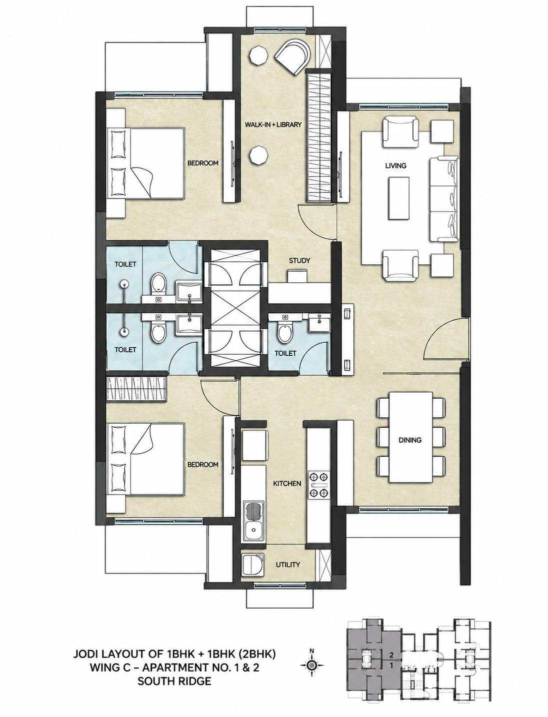 2BHK Jodi (1+1) floor plan