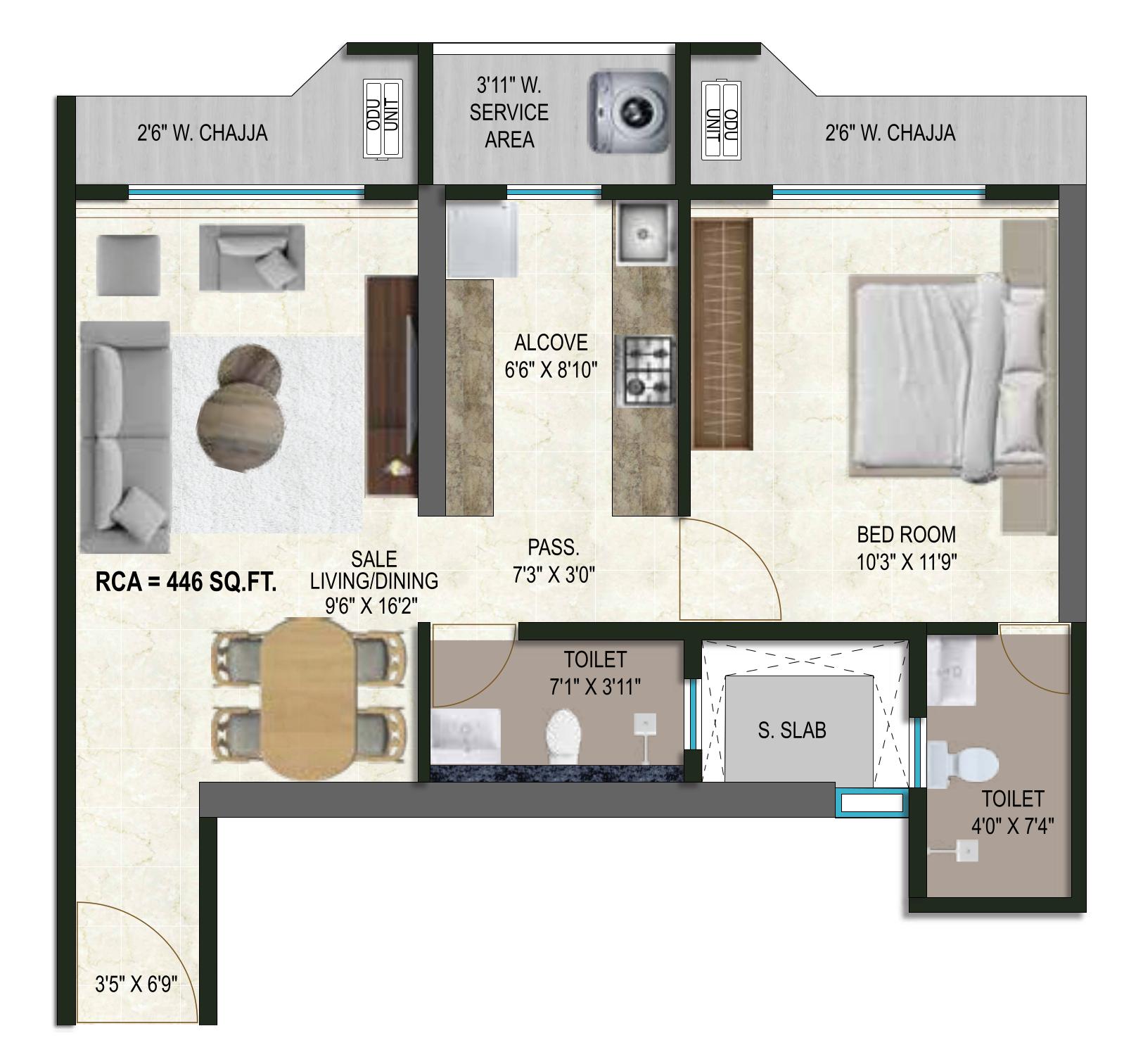 1 BHK T3 floor plan