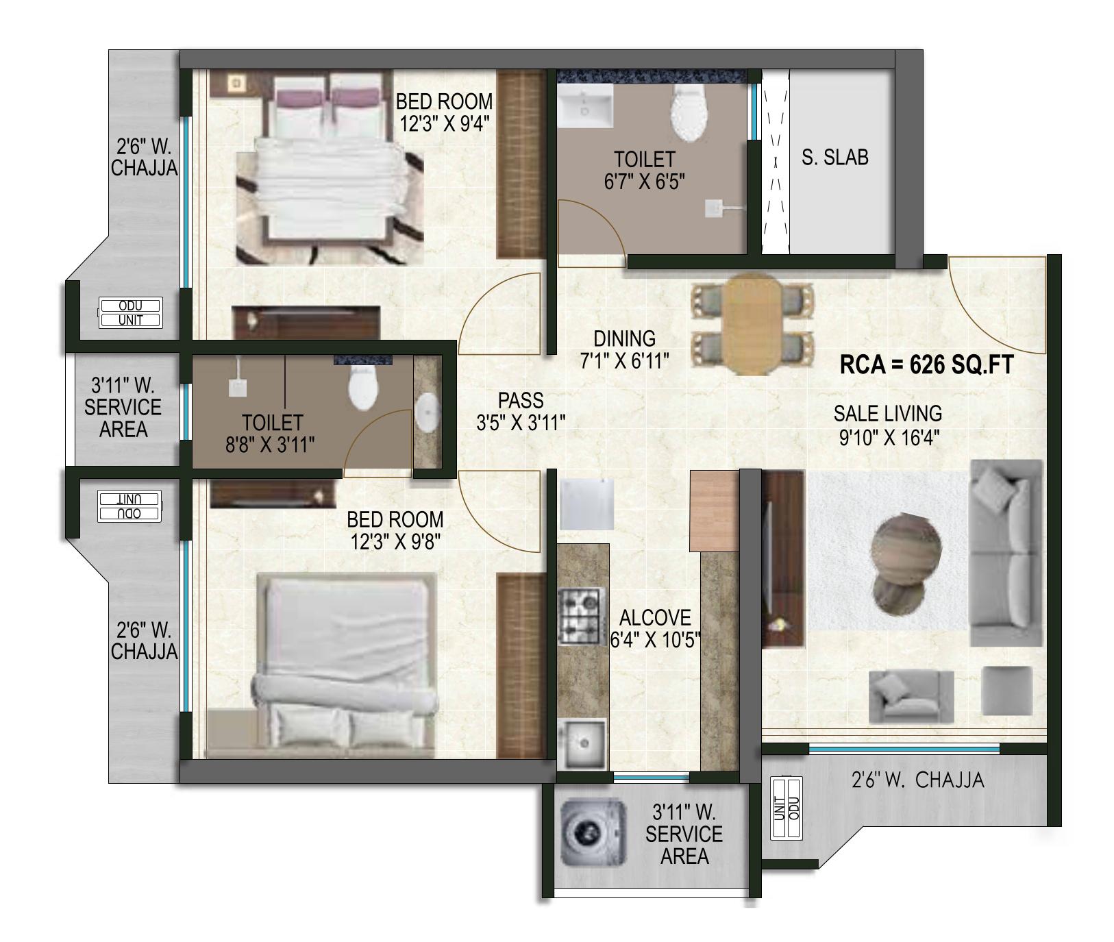 2 BHK T1 floor plan