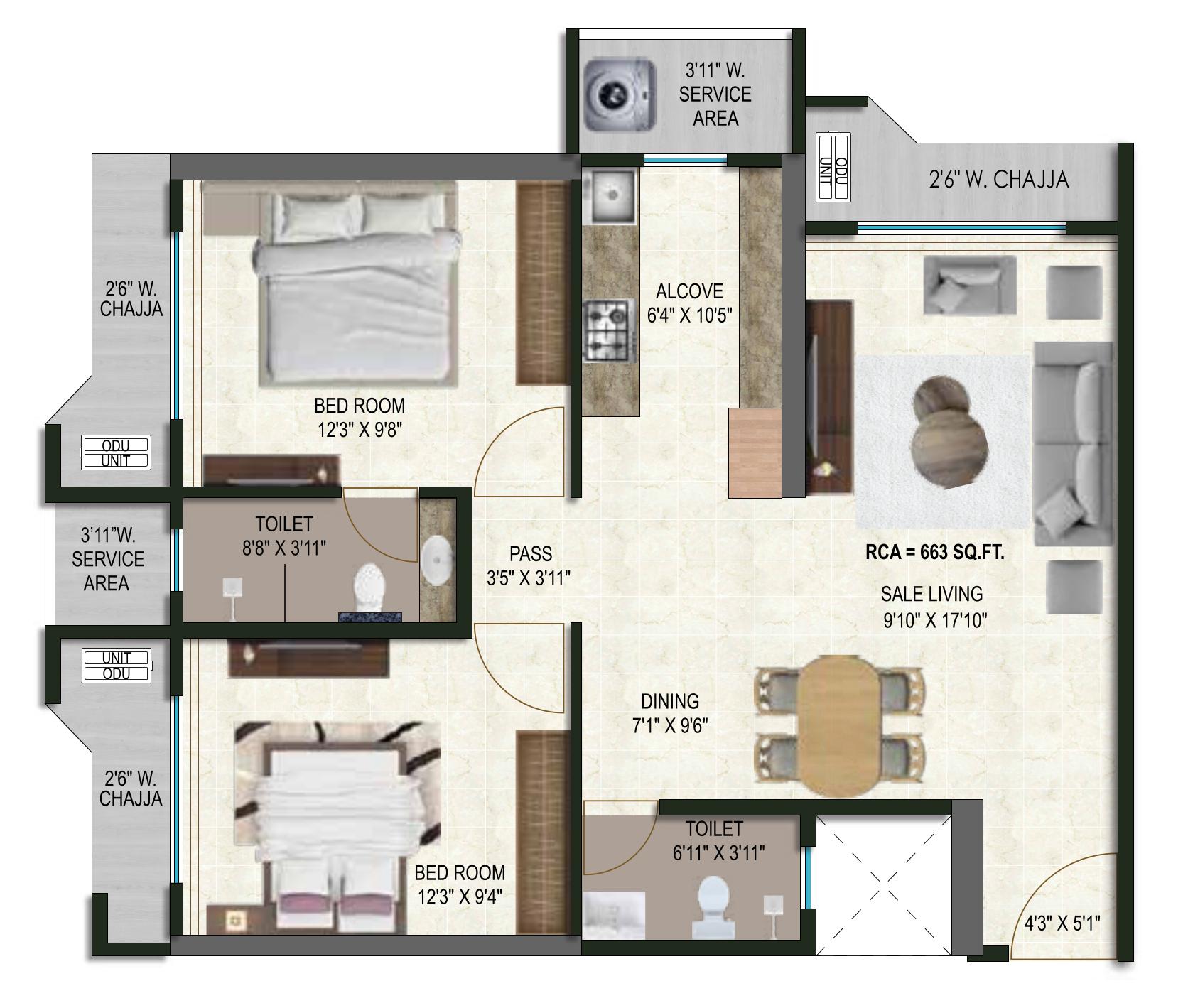 2 BHK  T2 floor plan