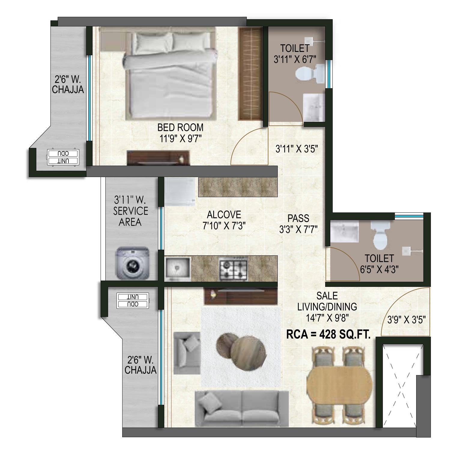 1 BHK T2 floor plan