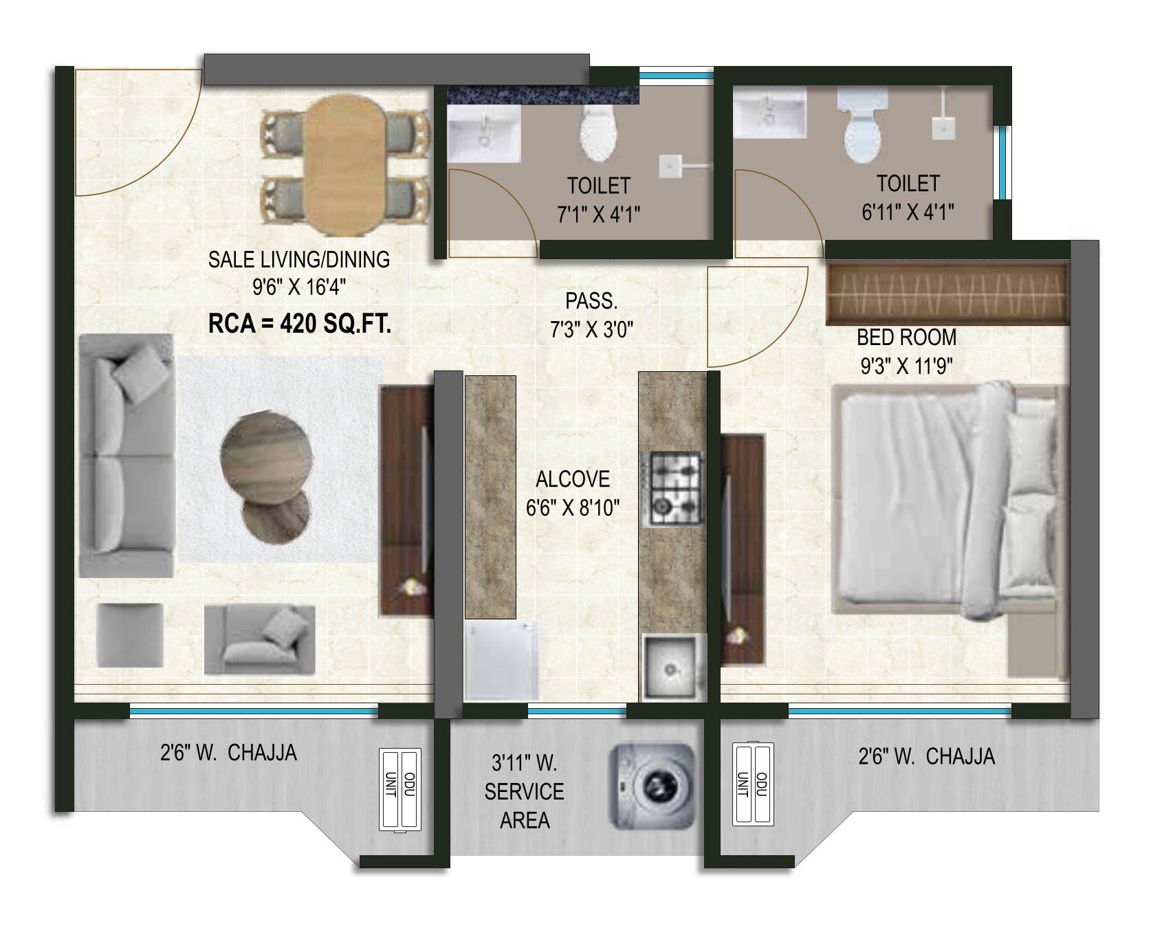 1 BHK  T1 floor plan