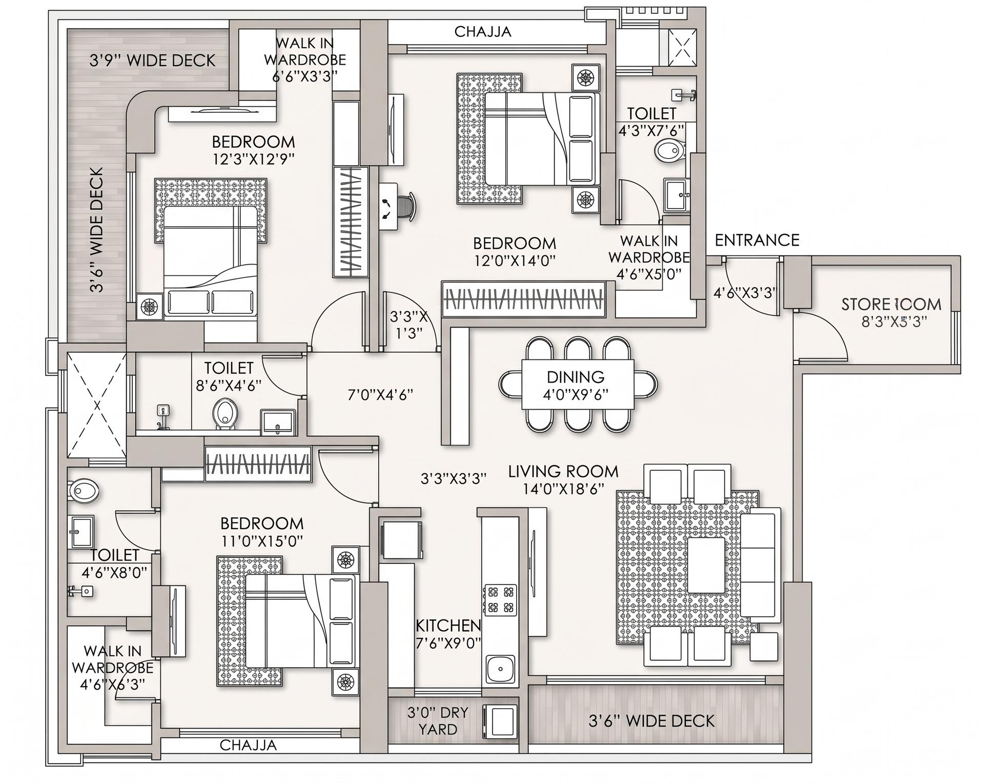3 BHK Type2 floor plan