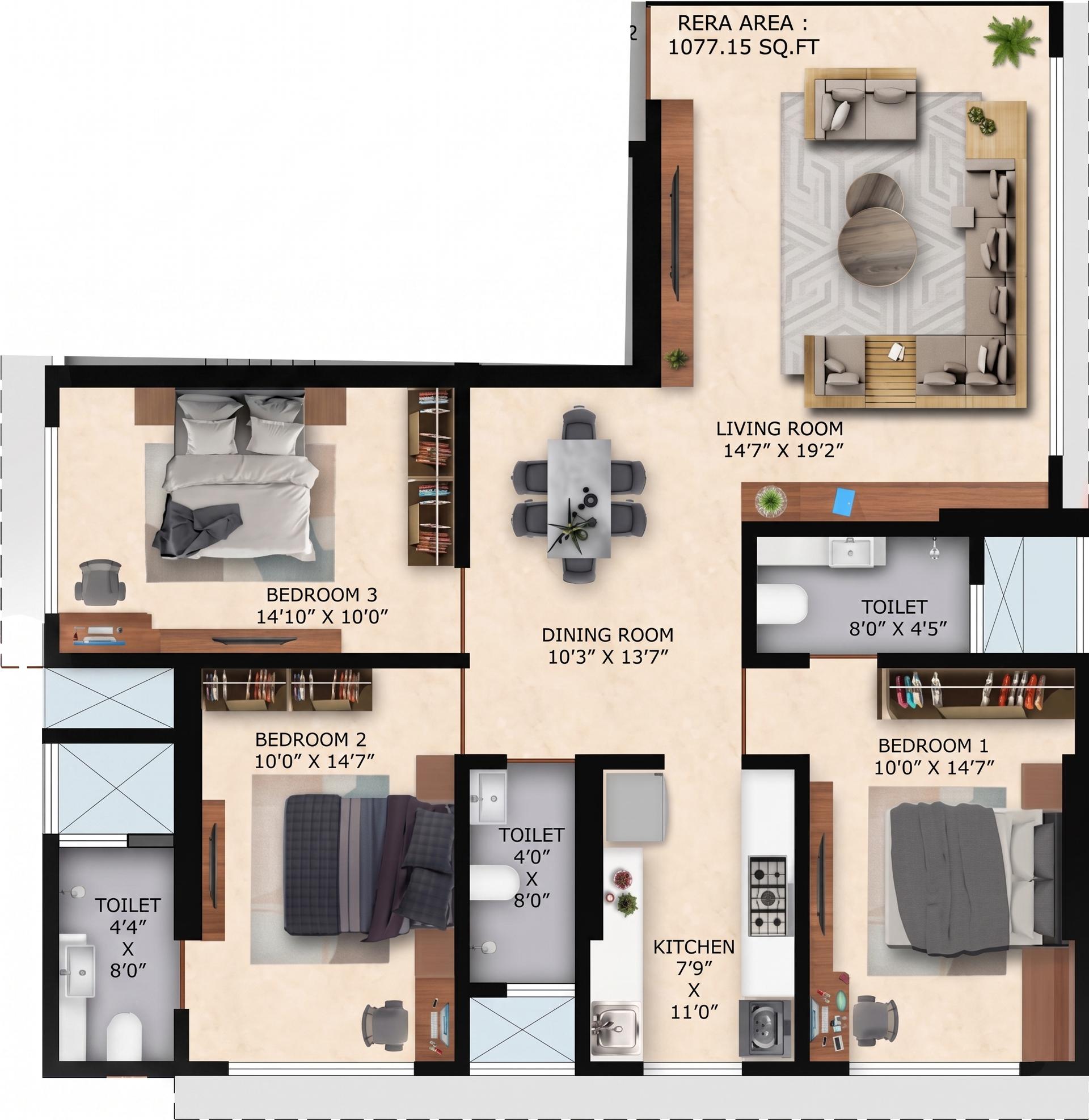 3BHK floor plan