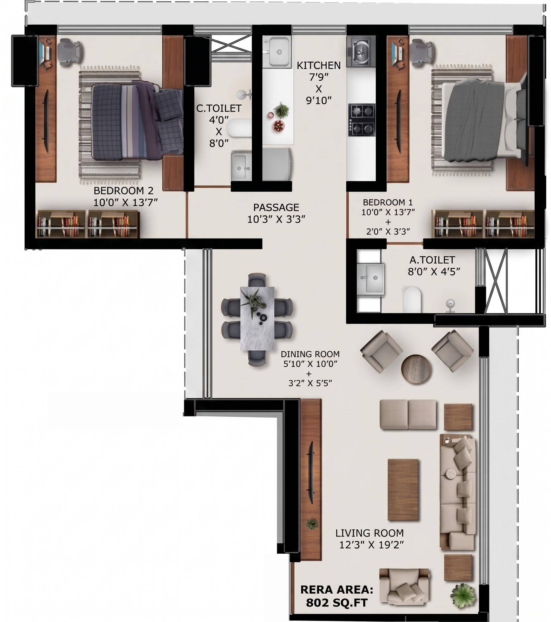 2BHK floor plan
