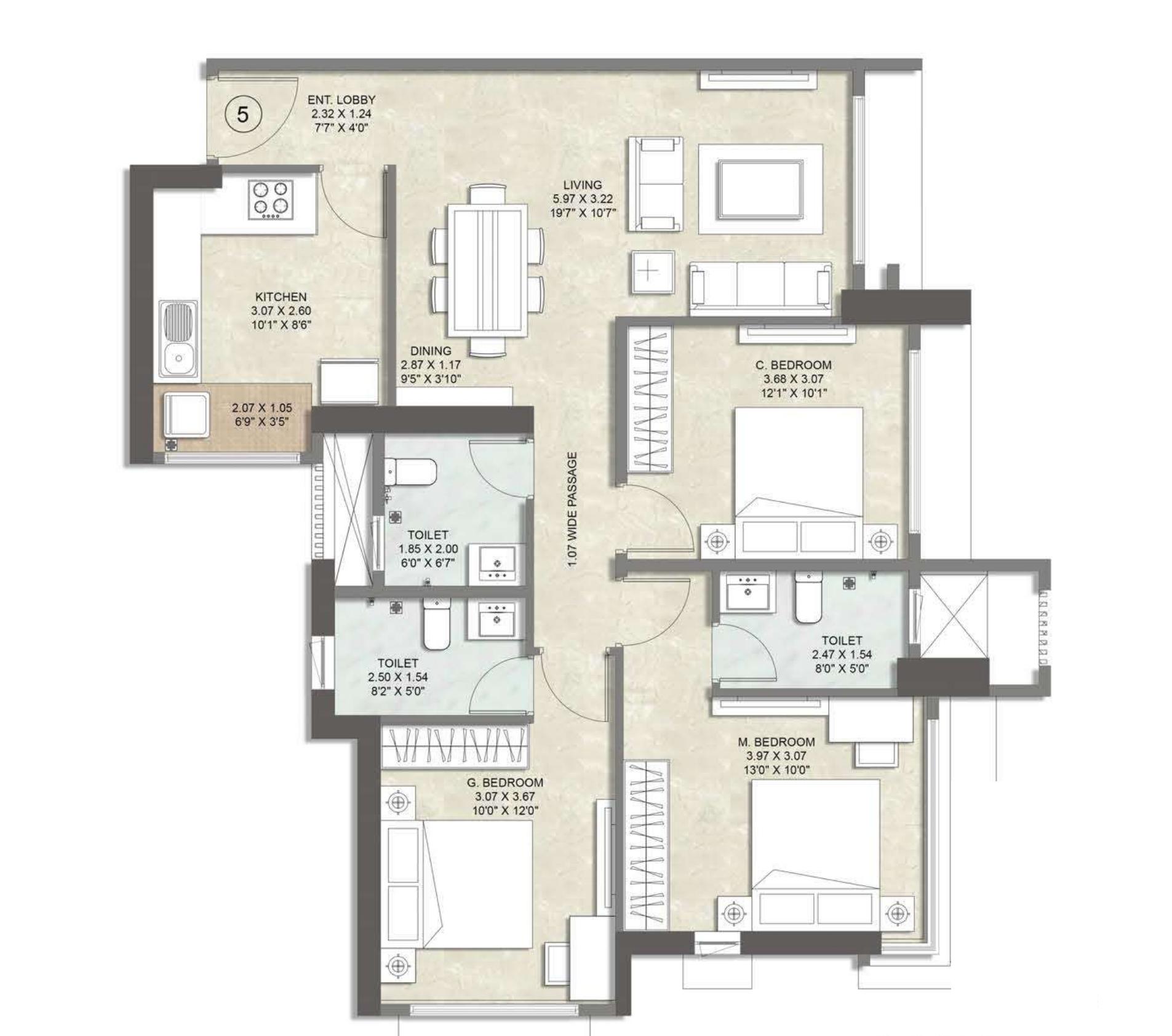 3 BHK (Tower B) floor plan