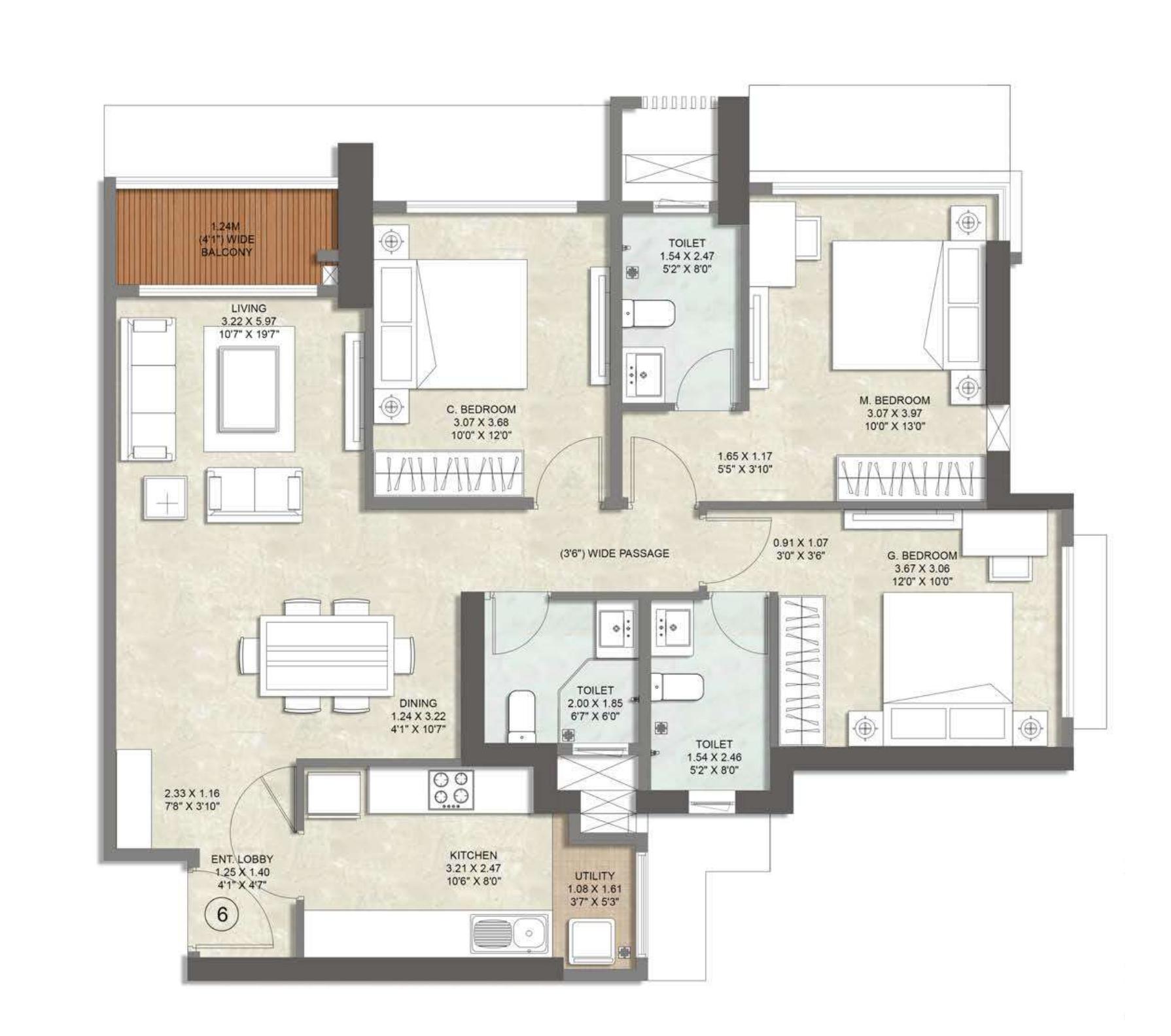3 BHK Type3 (Tower A) floor plan