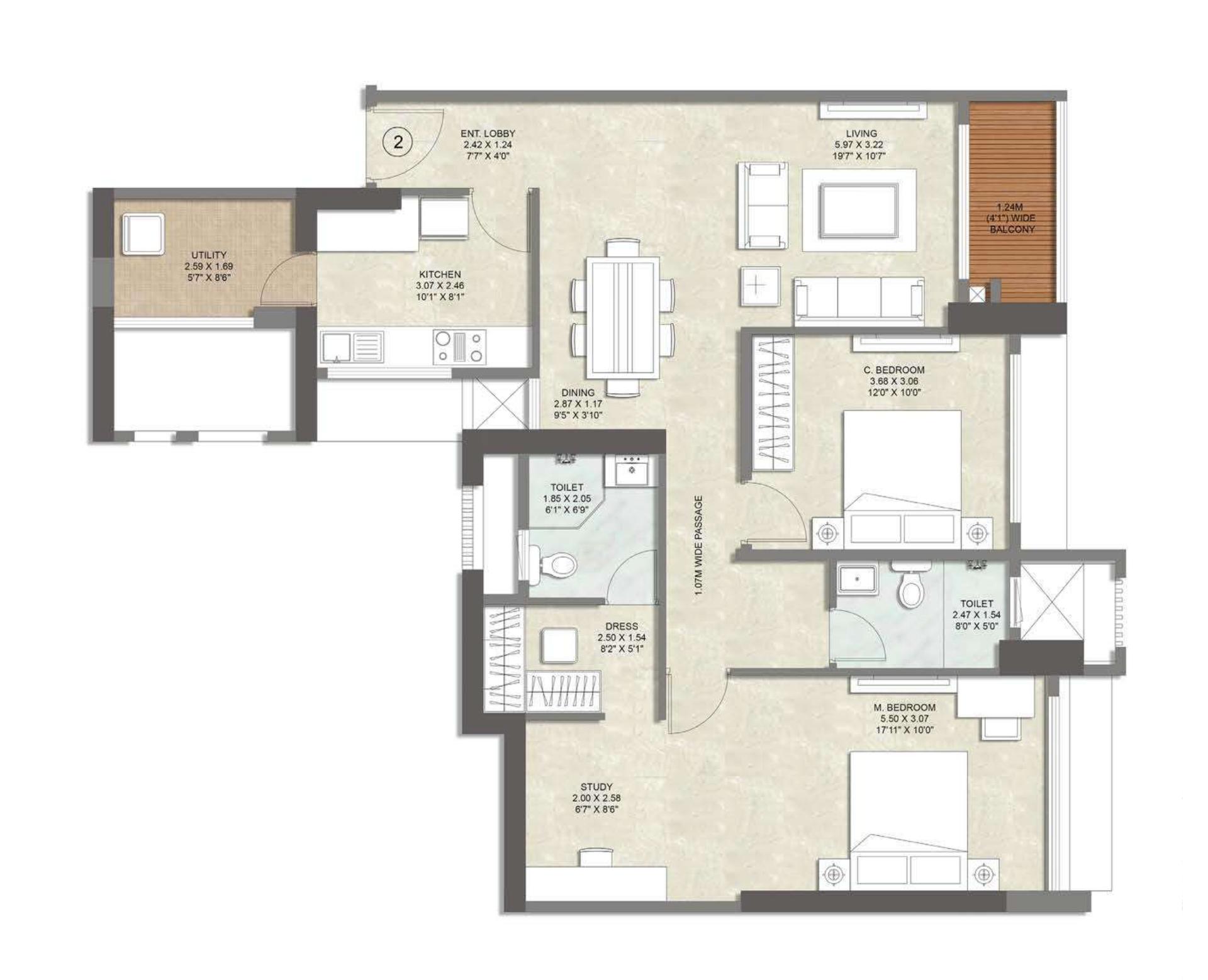2 BHK Type2 (Tower A) floor plan