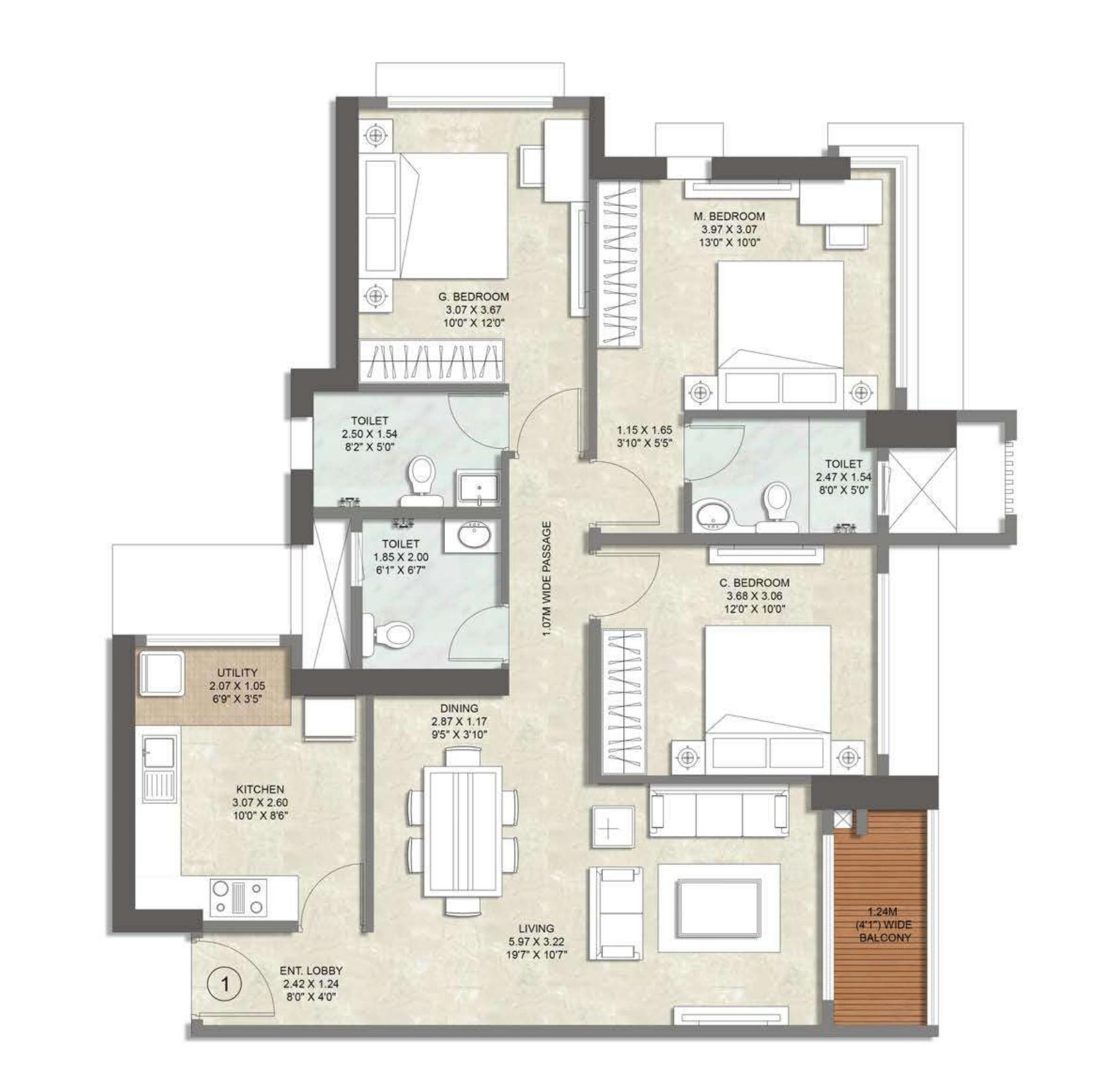 3 BHK Type2 (Tower A) floor plan