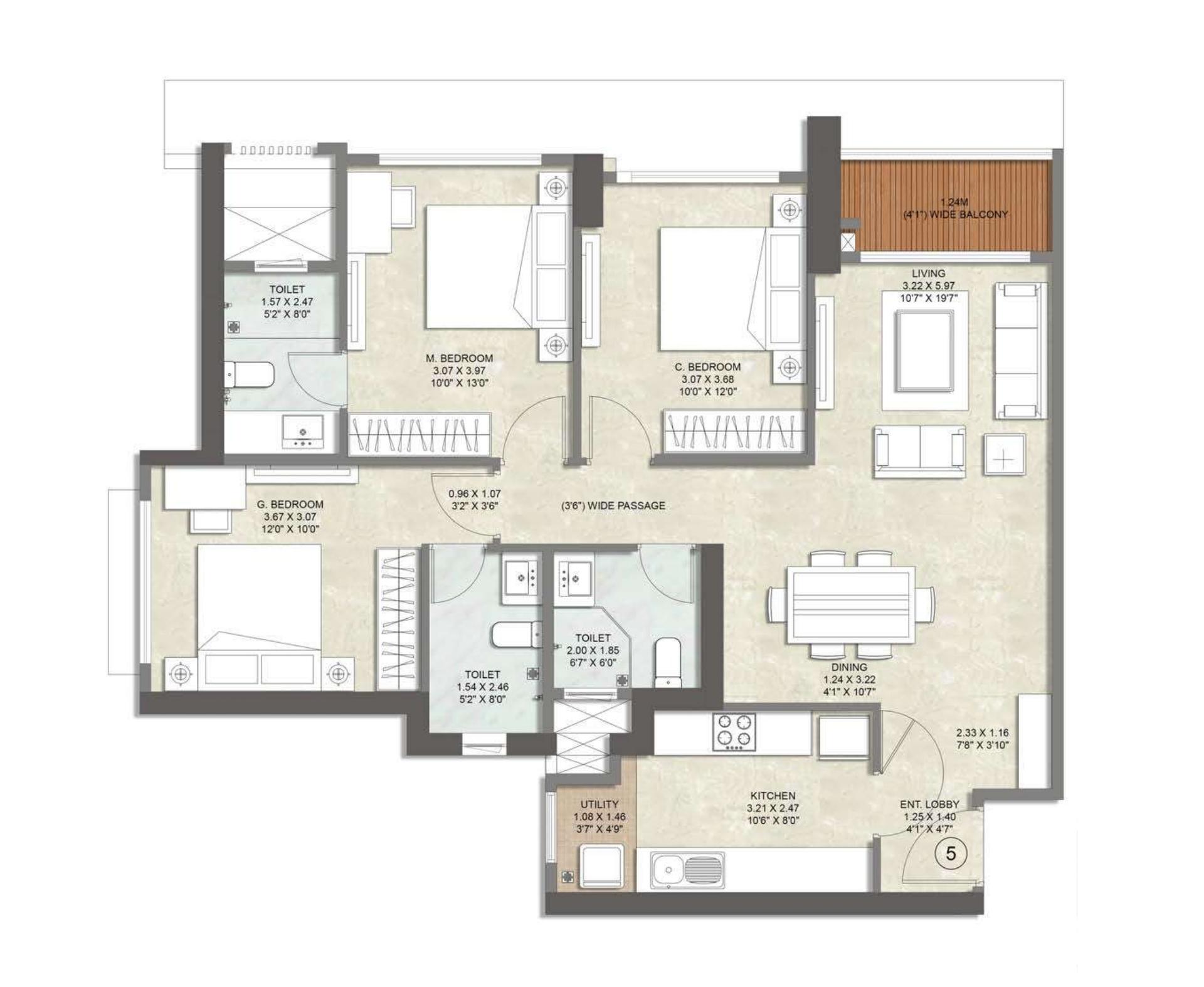 3 BHK Type1 (Tower A) floor plan