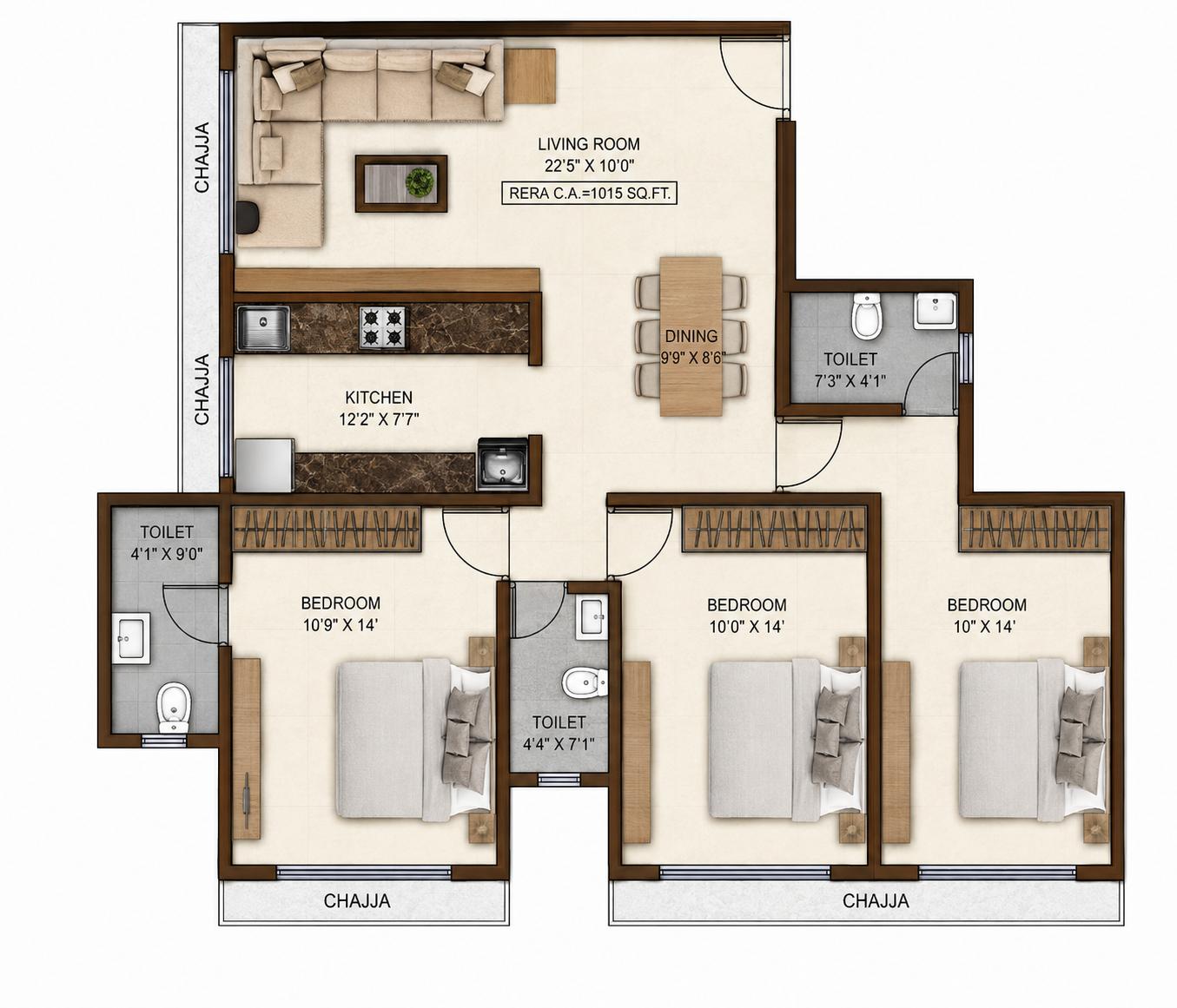 3 BHK floor plan