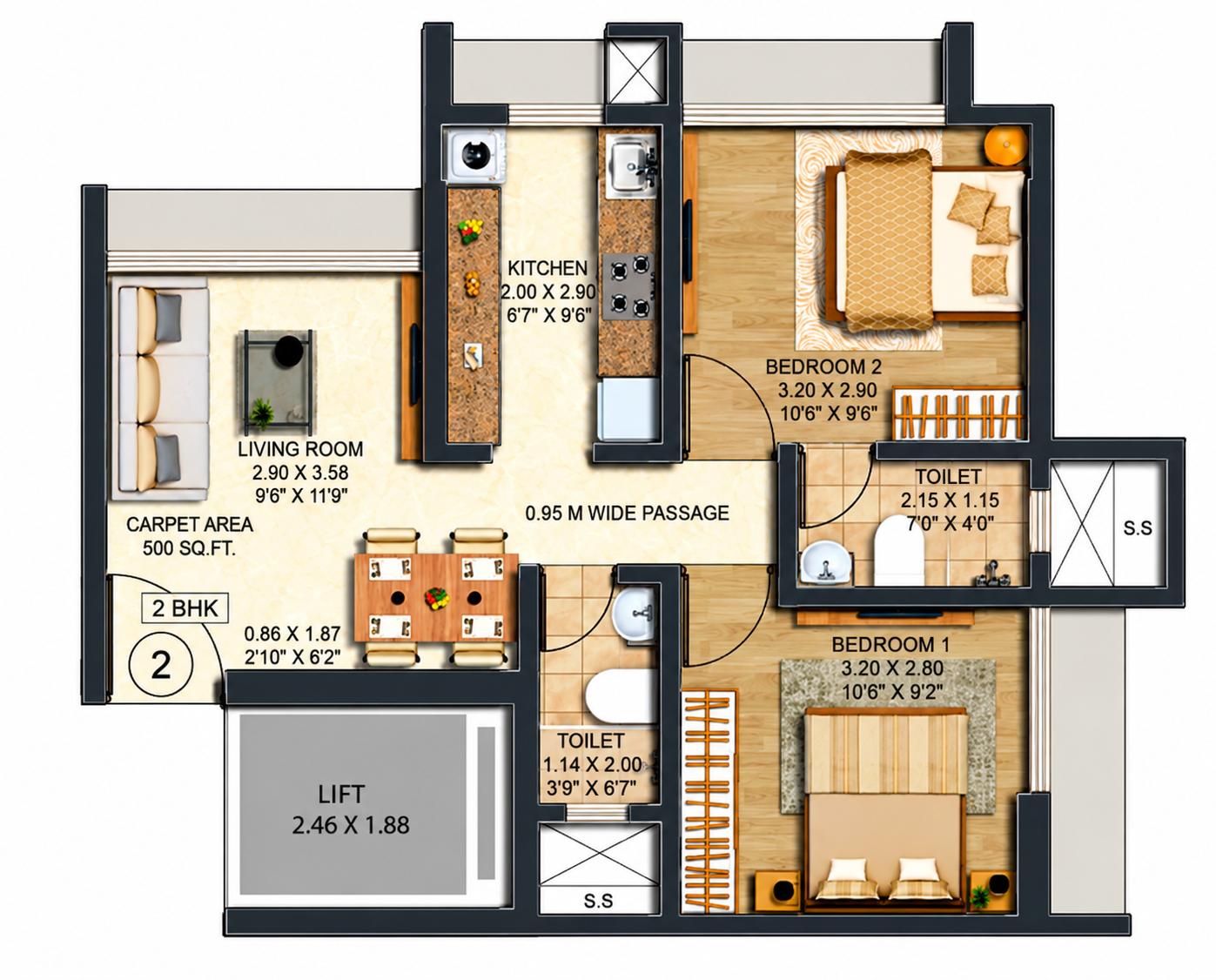 2BHK floor plan