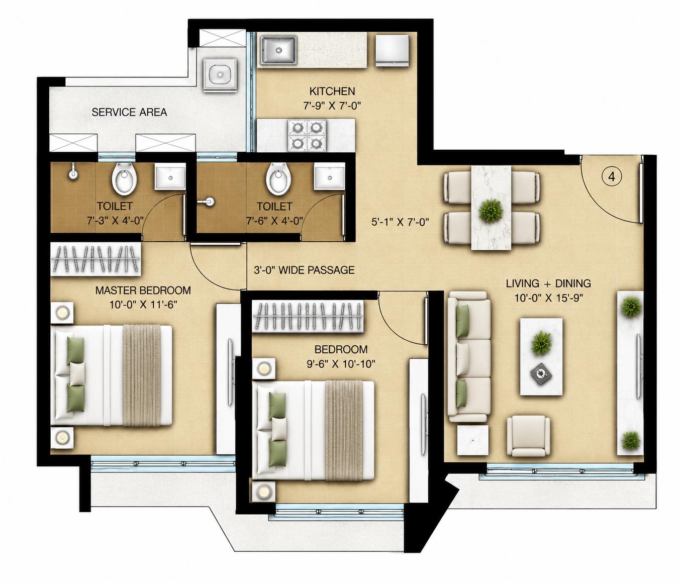 2BHK floor plan