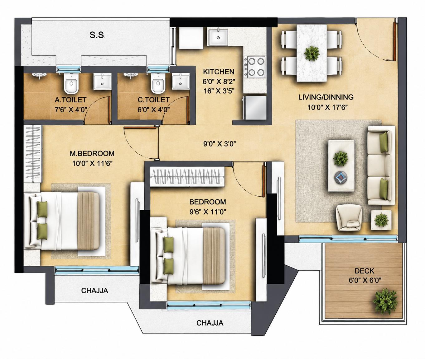 2BHK floor plan
