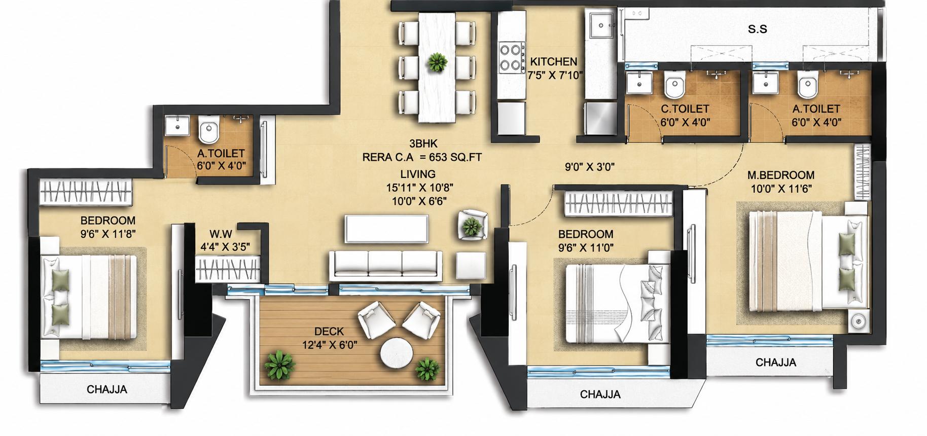 3BHK floor plan
