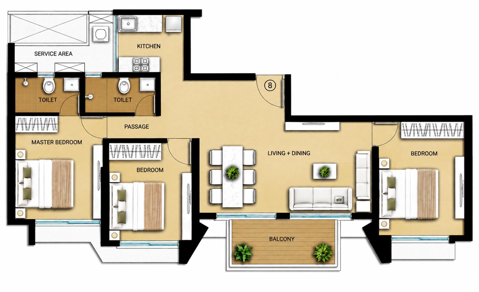 3BHK floor plan