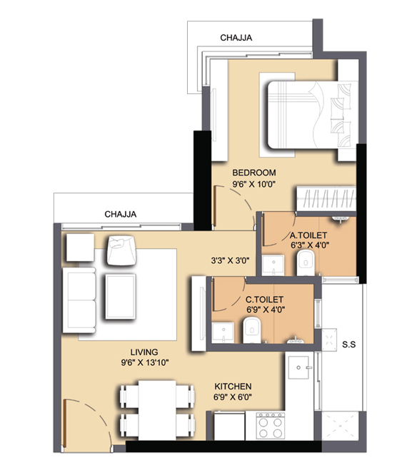 1BHK floor plan