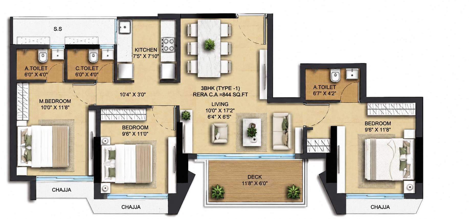 3BHK floor plan