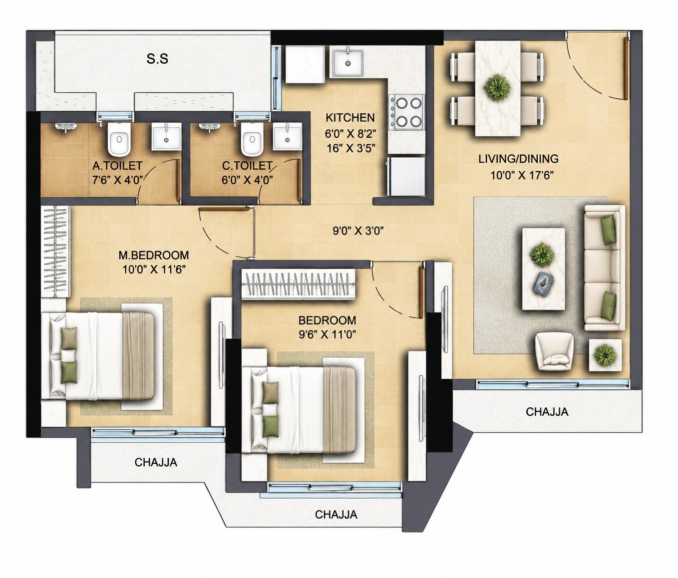 2BHK floor plan