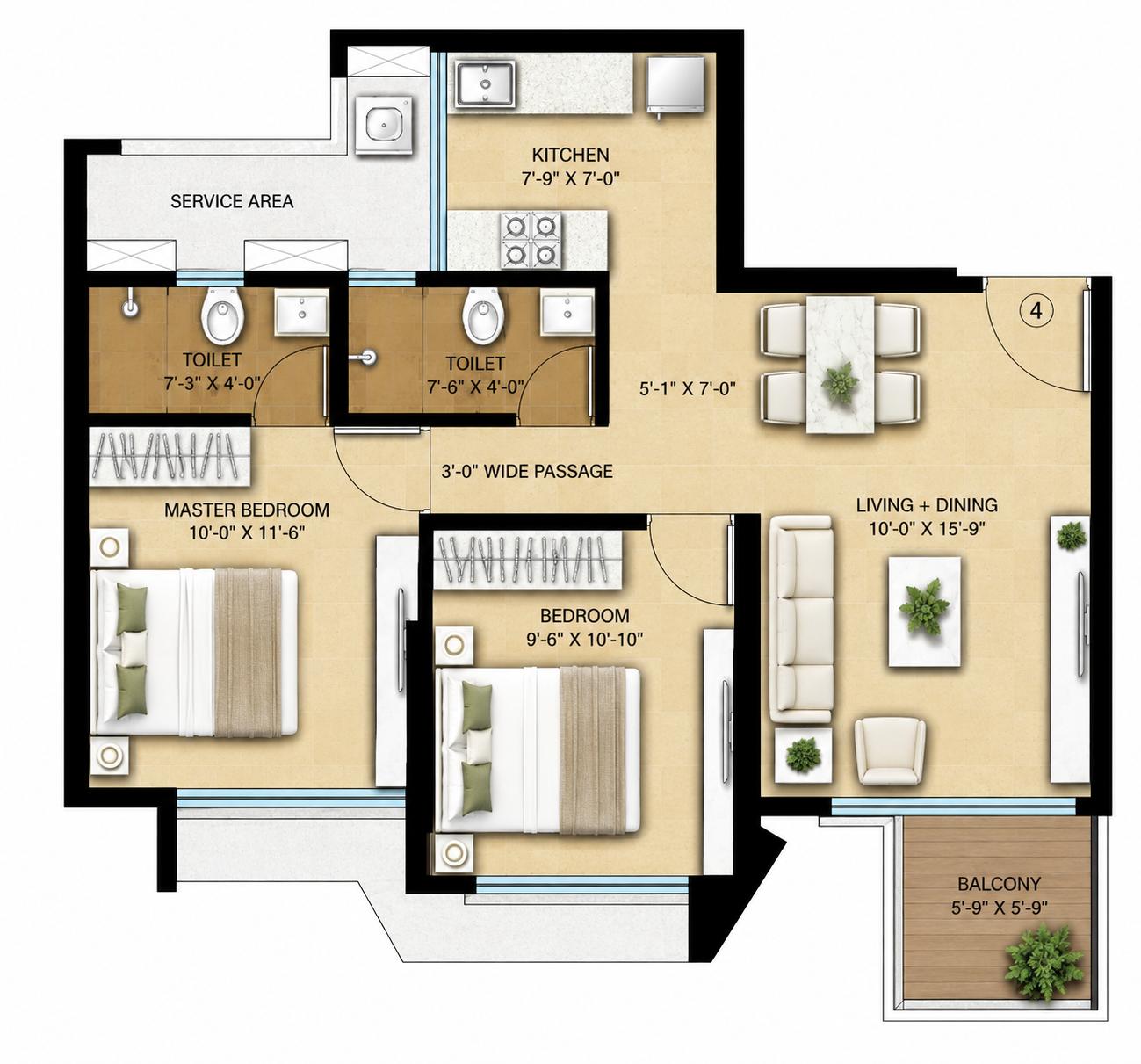2BHK floor plan