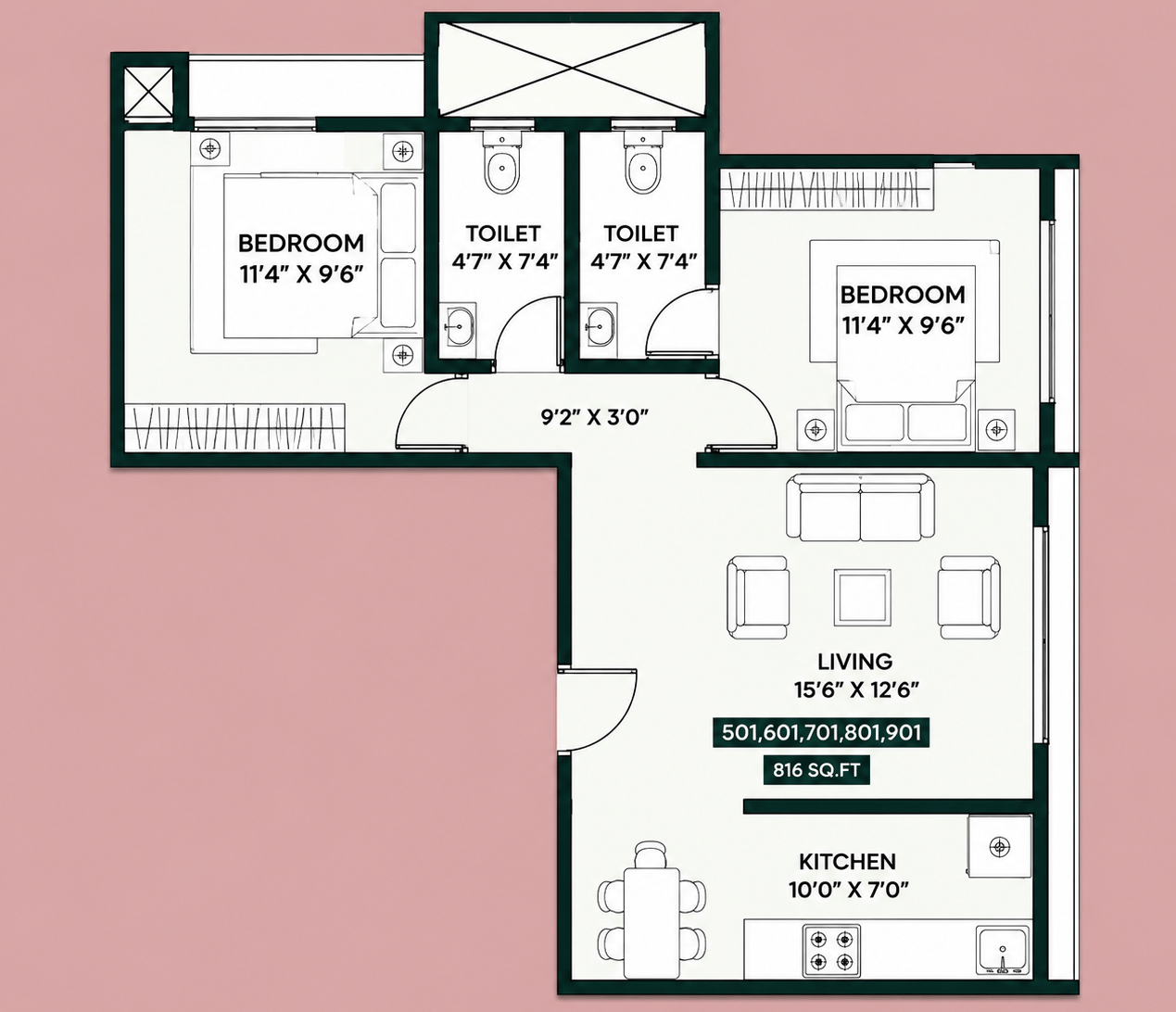 2BHK Luxury floor plan