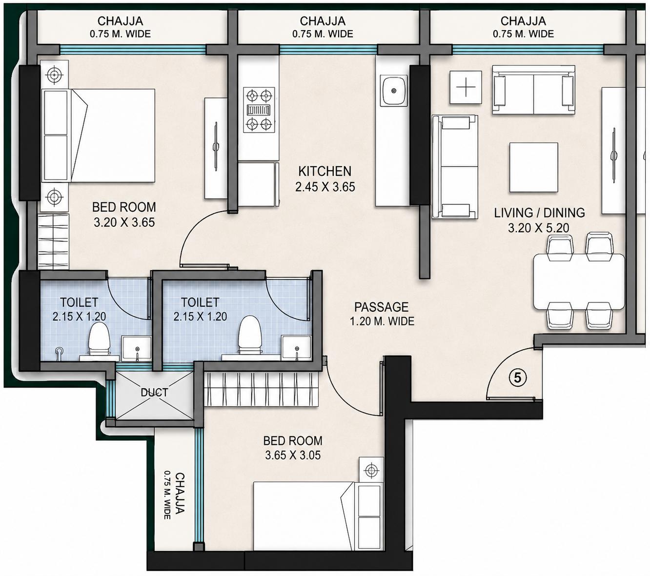 2BHK floor plan