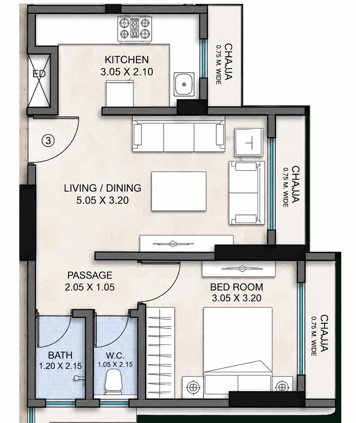 1BHK floor plan