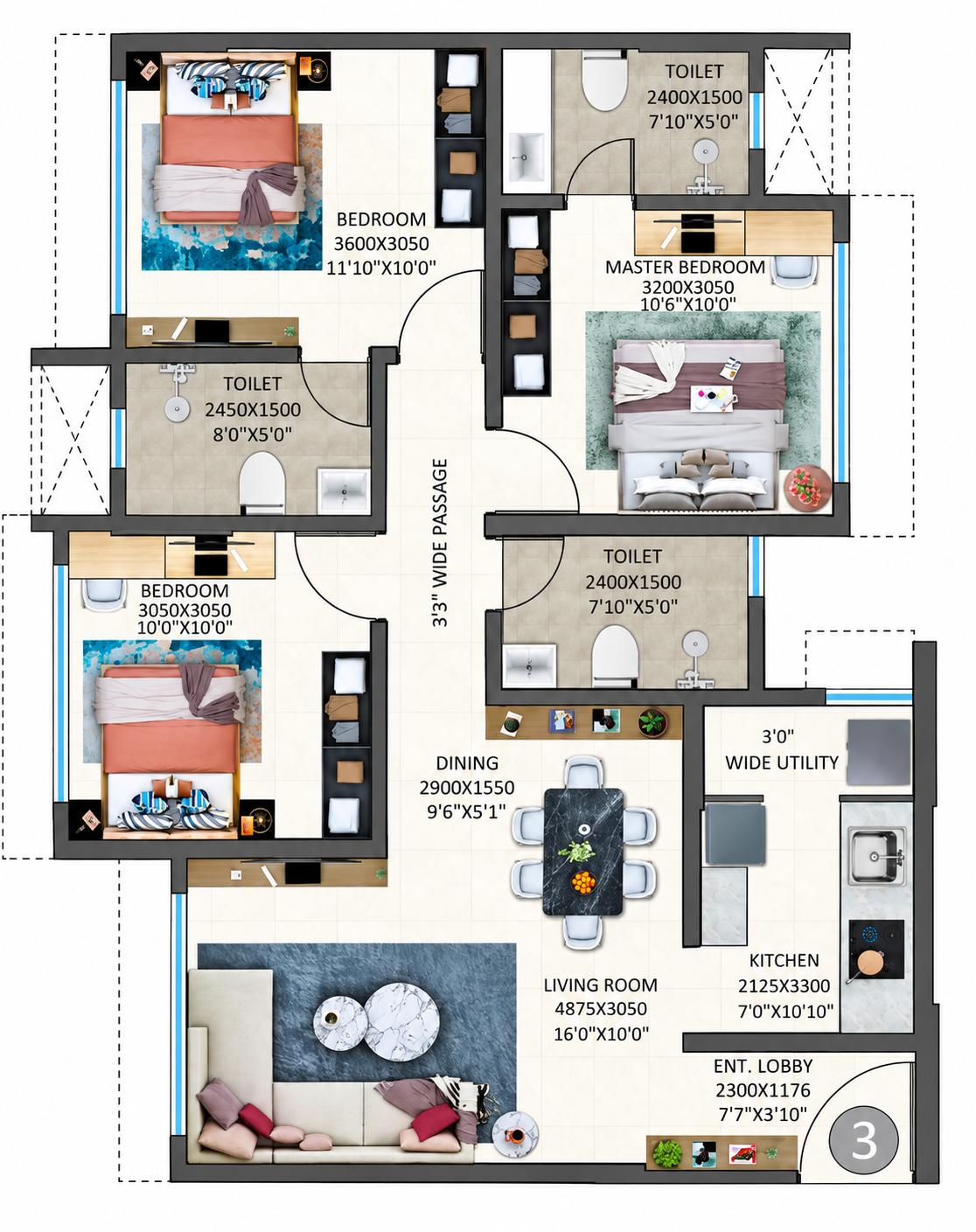 3BHK floor plan