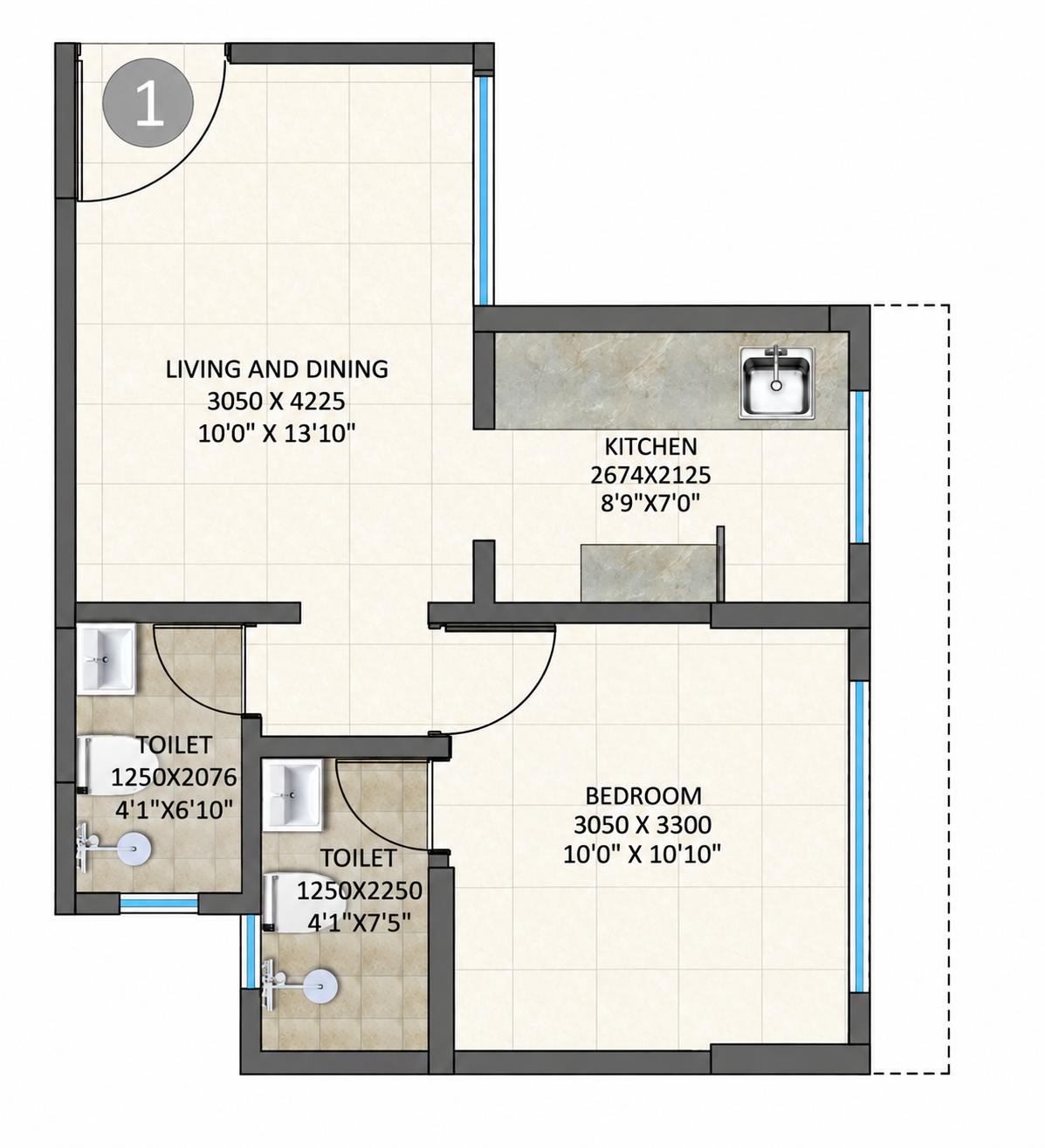 1BHK floor plan