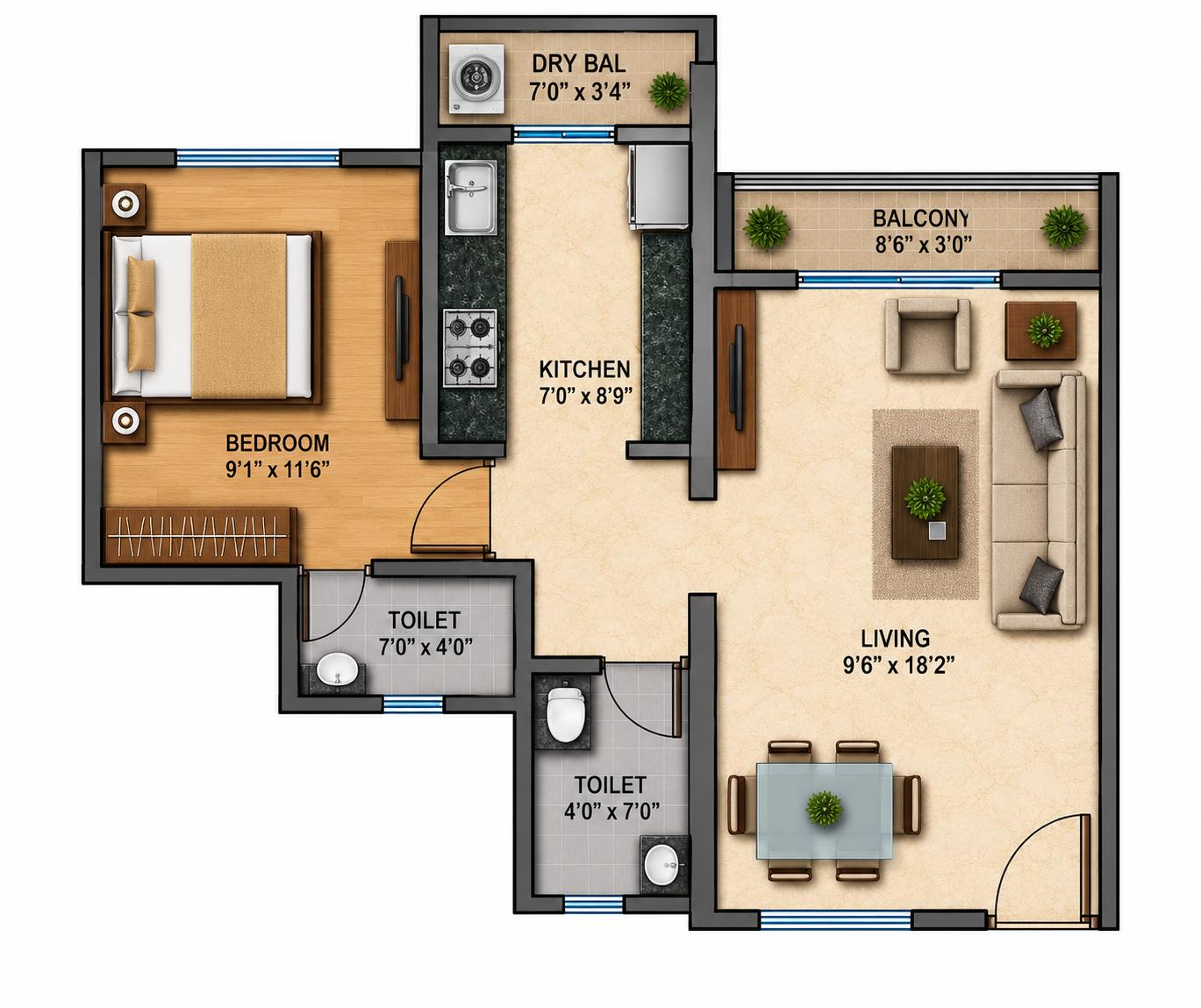 1BHK Type3 floor plan