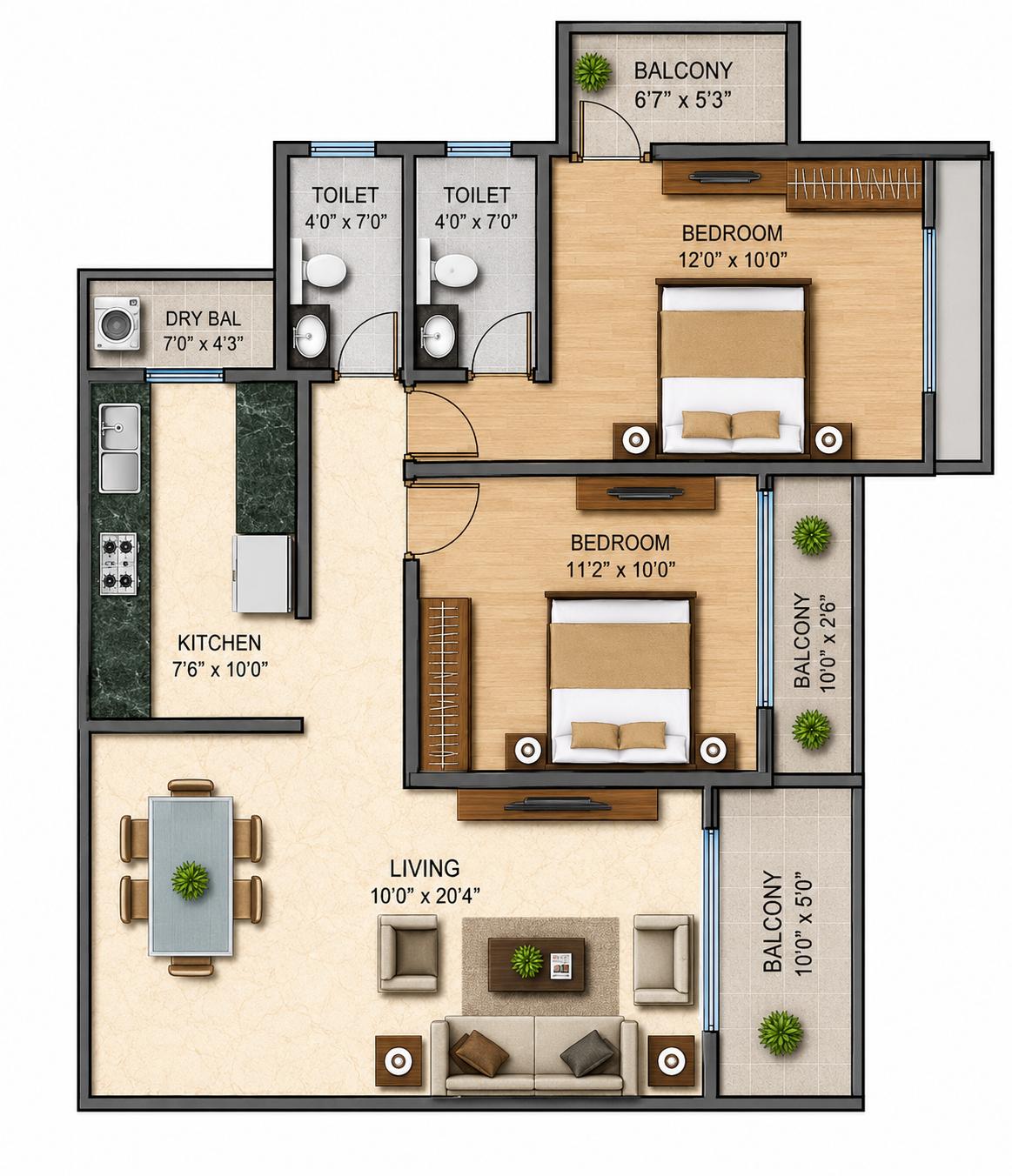 2BHK Type6 floor plan