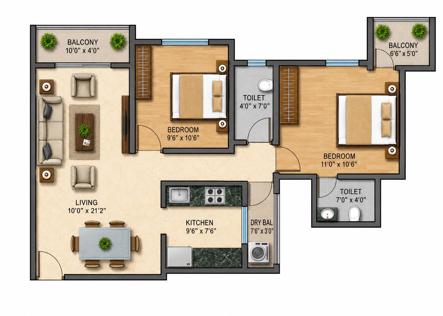 2BHK Type4 floor plan