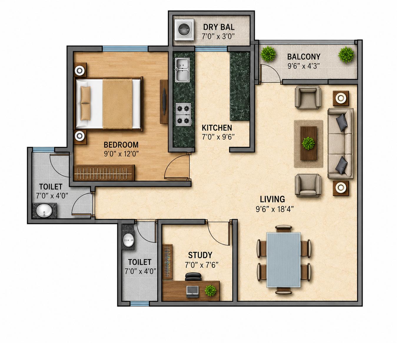 2BHK Type1 floor plan