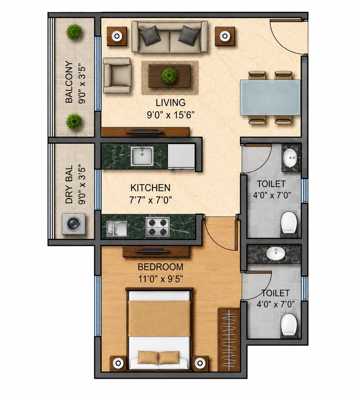 1BHK Type2 floor plan