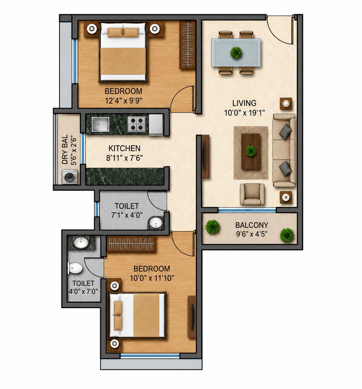 2BHK Type2 floor plan