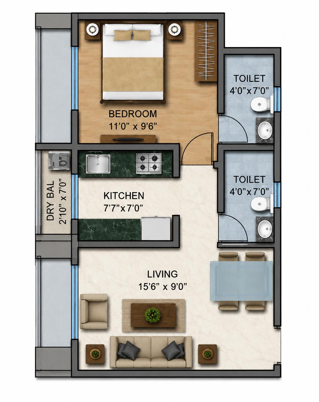 1BHK Type1 floor plan