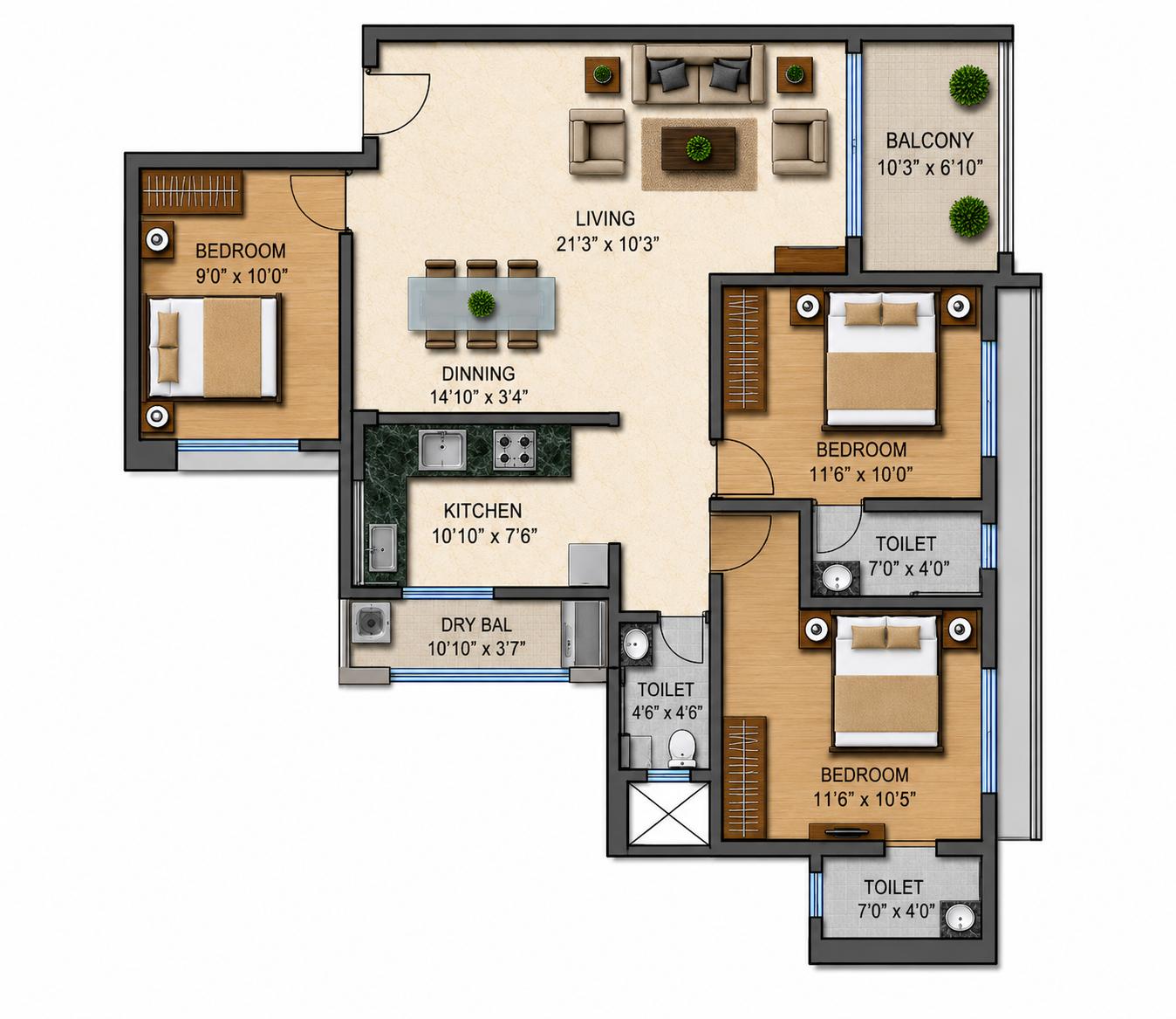 3BHK floor plan