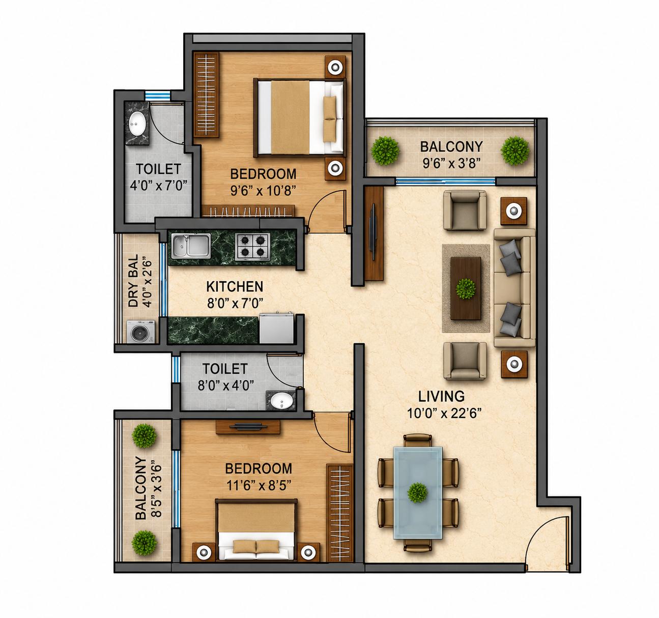 2BHK Type3 floor plan