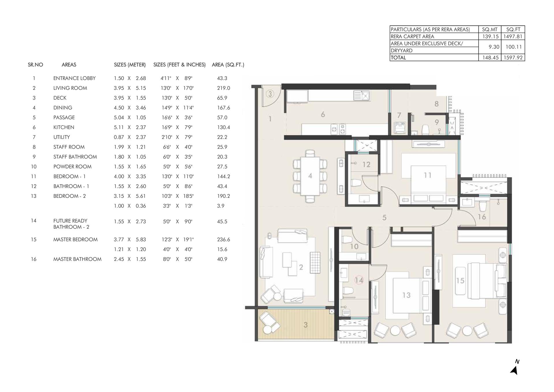 3BHK Type2 floor plan