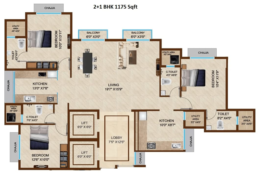 2+1 BHK floor plan